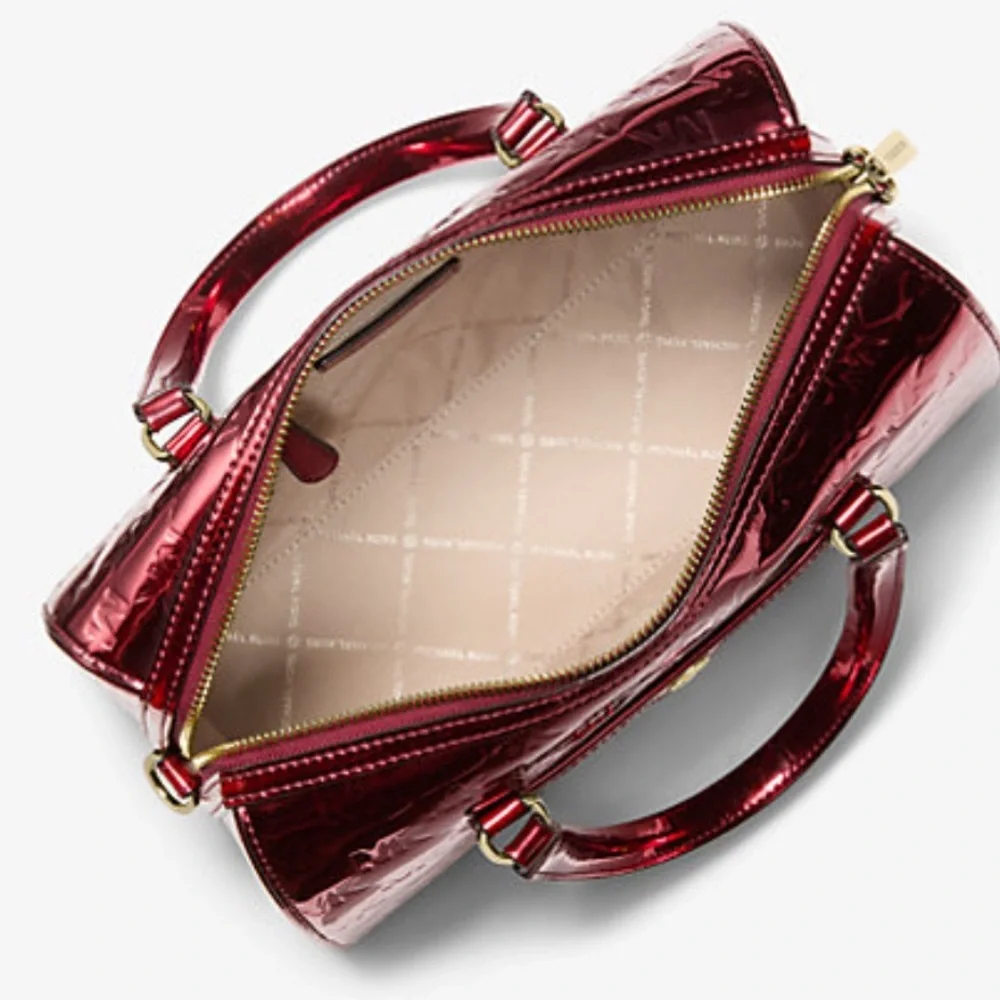MICHAEL KORS Jet Set Medium Metallic Logo Debossed Satchel Cherry  NWT